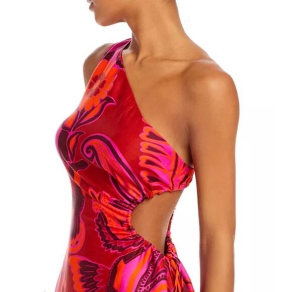 NEW FARM Rio Bold Floral Pink Midi Dress One Shoulder Cut-Out Beaded Ties Size L - Picture 4 of 16